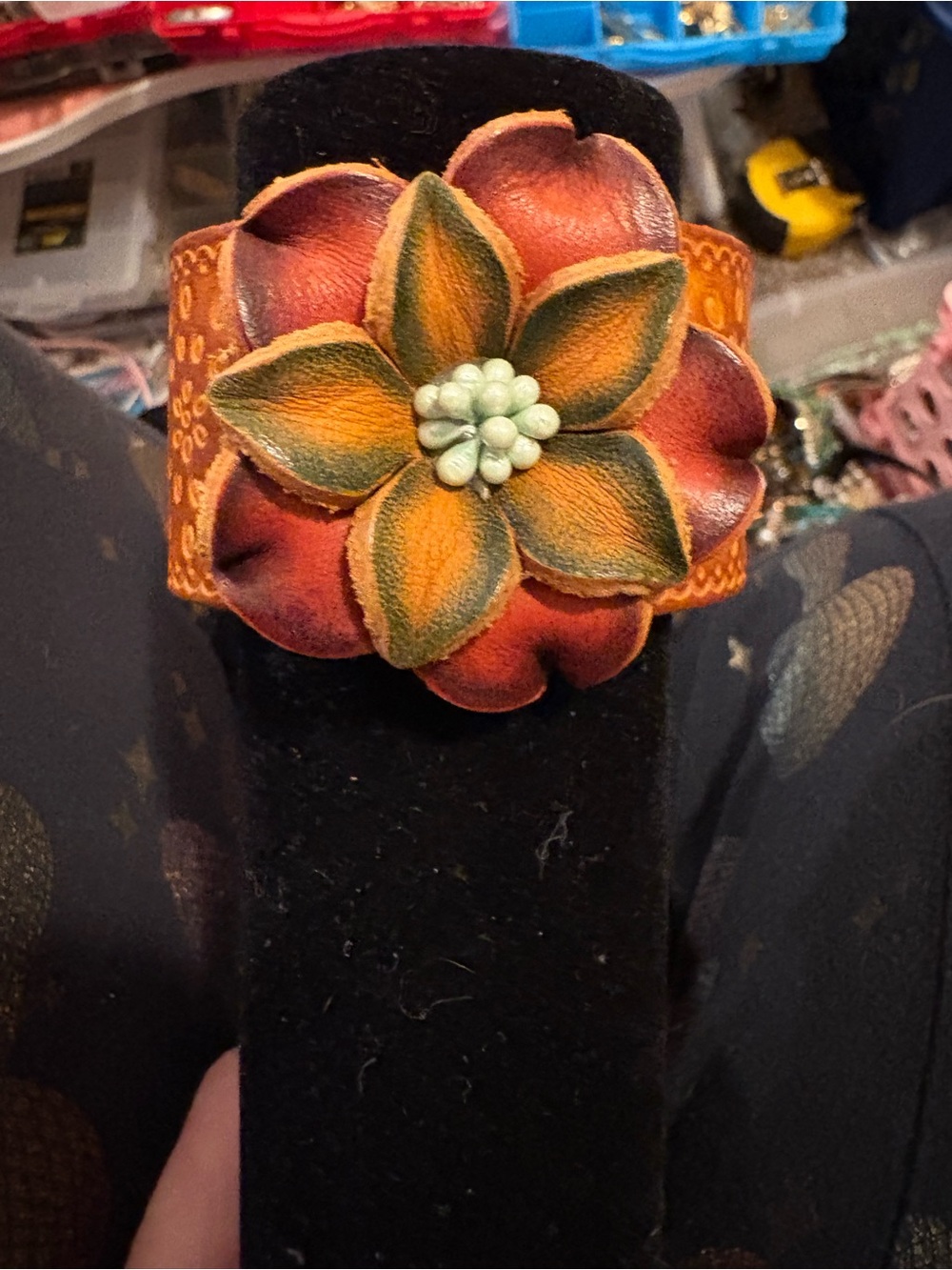 Handcrafted Leather Orange & Green Leather Flower Cuff Bracelet